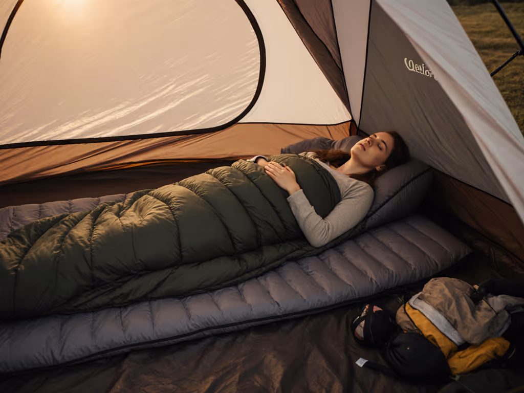 tall_woman_testing_sleeping_bag_length_in_tent